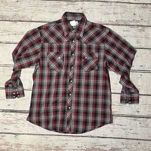 Wrangler Rancher Shirt Pearl Snap Cowboy Rockabilly Plaid Mens Top